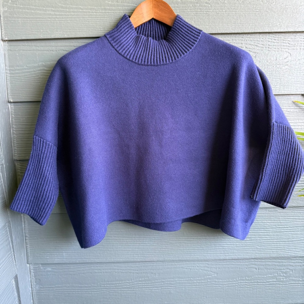 Kerisma Angora Blend Mock Neck Poncho Sweater Navy Boxy One Size Oversized